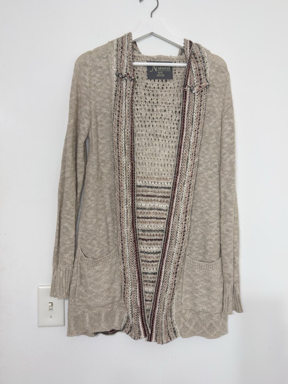 Natural Reflections Womens Boho Hooded Open Front Cardigan Oatmeal Hippie Size S